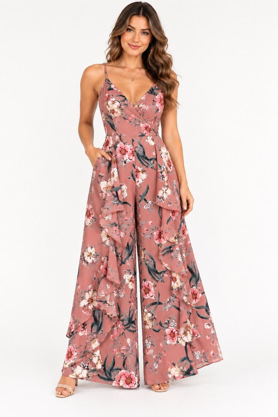 Favlux Fashion Floral Wide Leg Jumpsuit Size M Dusty Rose Ruffle Overlay